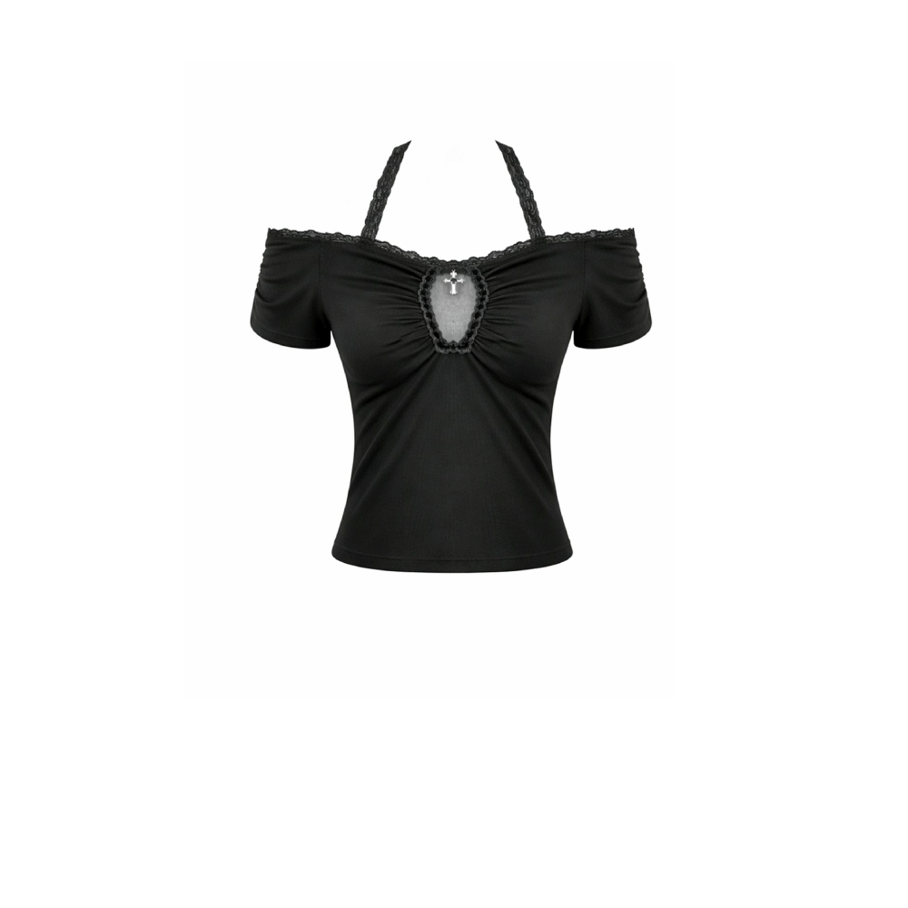 Dark in Love - Gothic Dark Cutout Cross Gem Lace Halter Slim Knit Top - Black